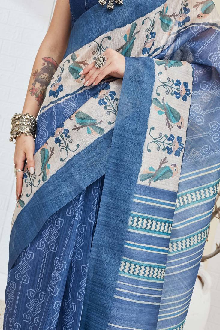 Blue warli desing silk blend ready to wear saree