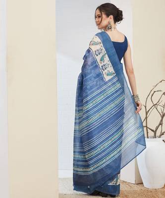 Blue warli desing silk blend ready to wear saree 4