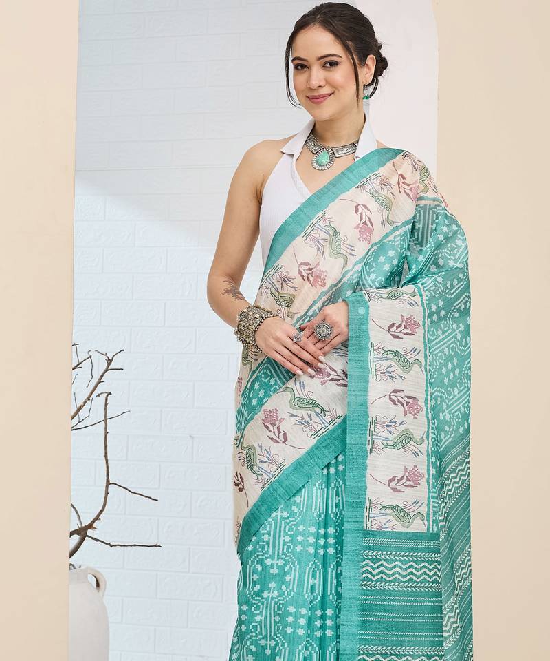 Sgreen abstrack silk blend ready to wear saree