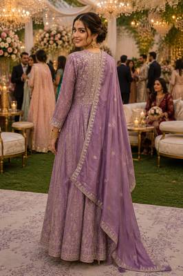 Graceful embroidered lavender chinon silk anarkali gown set with palazzo & dupatta 7