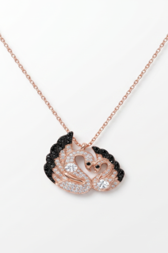 925 Sterling Silver Rose Gold Plated Swan Heart Pendant  Necklace Set  with Black & White Cubic Zircon