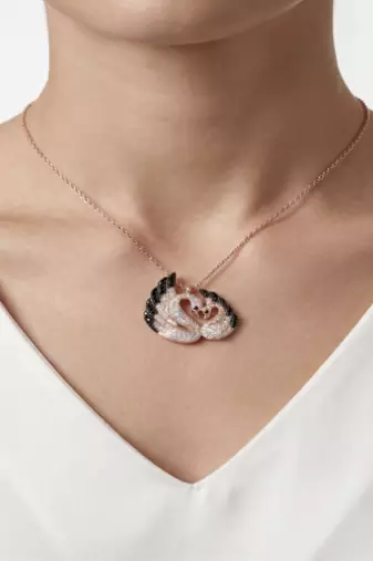 925 Sterling Silver Rose Gold Plated Swan Heart Pendant  Necklace Set  with Black & White Cubic Zircon