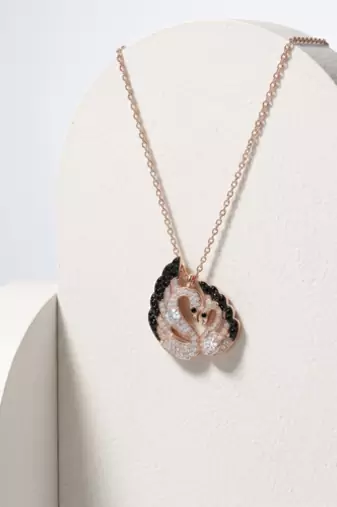 925 Sterling Silver Rose Gold Plated Swan Heart Pendant  Necklace Set  with Black & White Cubic Zircon