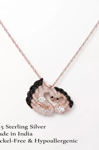 925 Sterling Silver Rose Gold Plated Swan Heart Pendant  Necklace Set  with Black & White Cubic Zircon