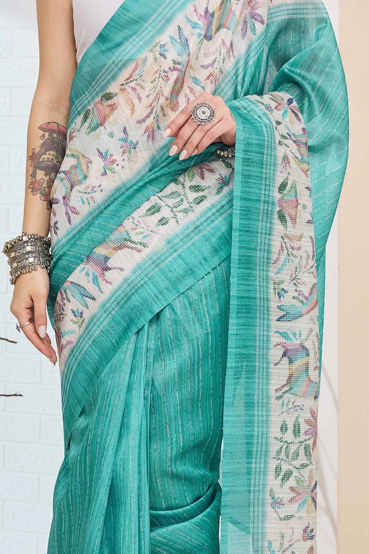 Turquoise abstrack silk blend ready to wear saree