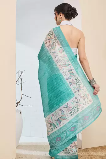 Turquoise abstrack silk blend ready to wear saree