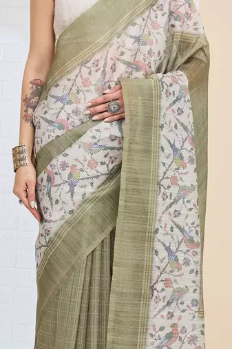 Olive checked design silk blend ready to wear saree