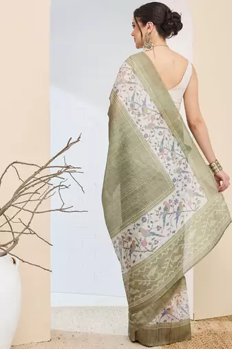 Olive checked design silk blend ready to wear saree