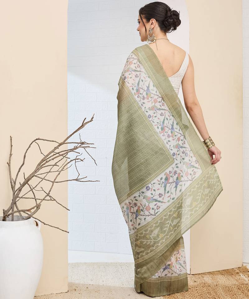 Olive checked design silk blend ready to wear saree
