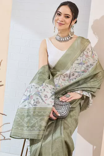 Olive checked design silk blend ready to wear saree
