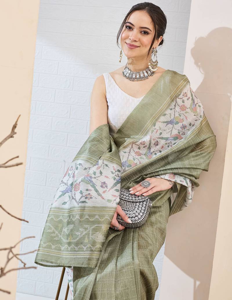 Olive checked design silk blend ready to wear saree