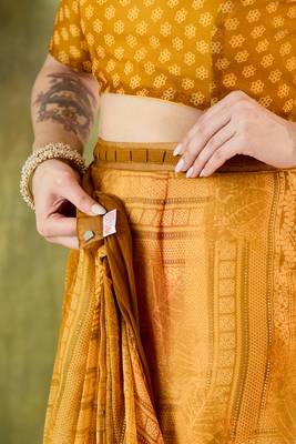 yellow floral zari printed chiffon ready to wear saree 1