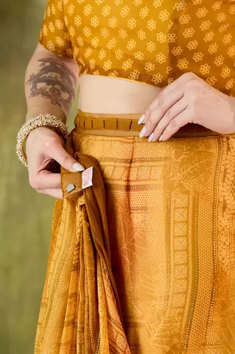 yellow floral zari printed chiffon ready to wear saree
