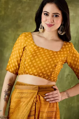 yellow floral zari printed chiffon ready to wear saree