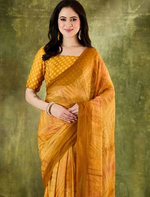 yellow floral zari printed chiffon ready to wear saree 3