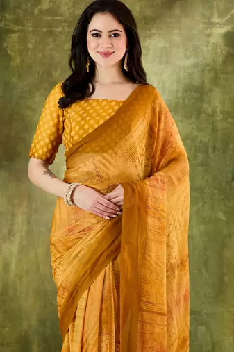 yellow floral zari printed chiffon ready to wear saree