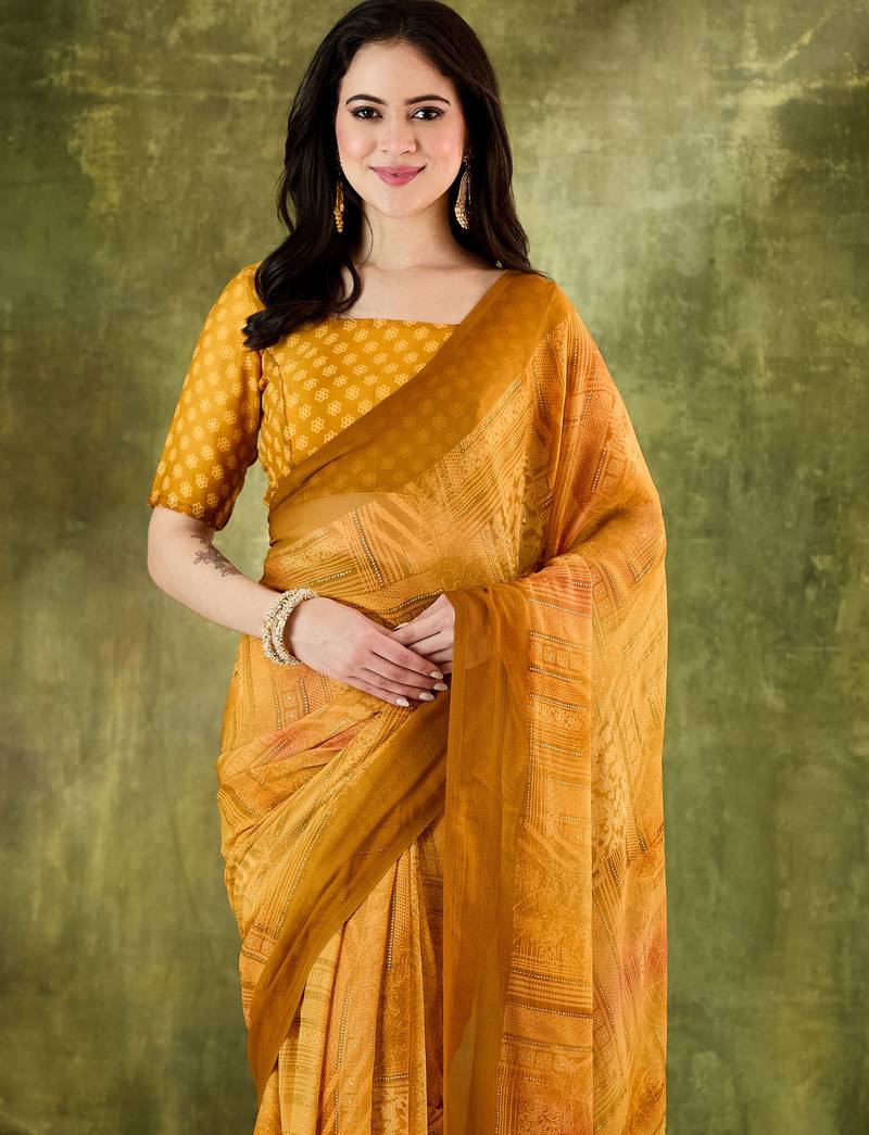 yellow floral zari printed chiffon ready to wear saree
