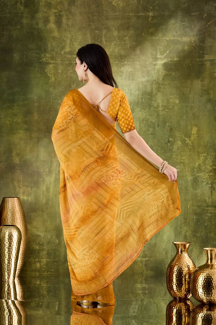 yellow floral zari printed chiffon ready to wear saree
