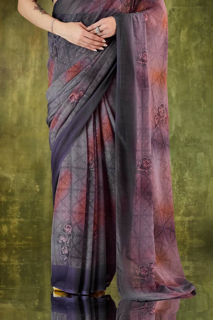 floral zari printed  chiffon ready to wear saree
