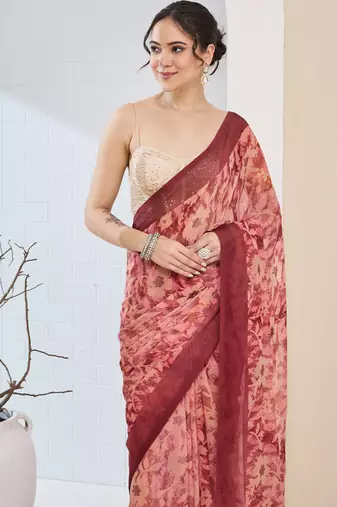 floral zari printed  chiffon ready to wear saree