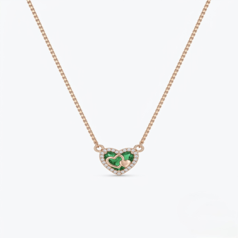 925 Sterling Silver Rose Gold Plated Lucky Clover Heart Necklace with Green Enamel & Cubic Zirconia