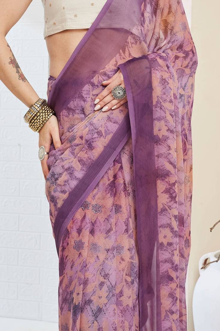 floral zari printed  chiffon ready to wear saree
