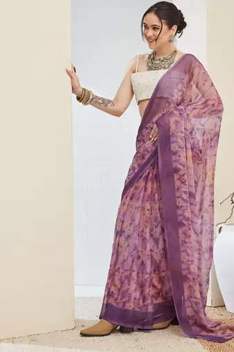 floral zari printed  chiffon ready to wear saree