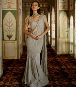 Silver grey embroidered organza pre drape saree set