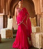 Fuchsia pink embroidered organza drape saree set