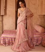 Blush rose pink embroidered tissue drape saree set