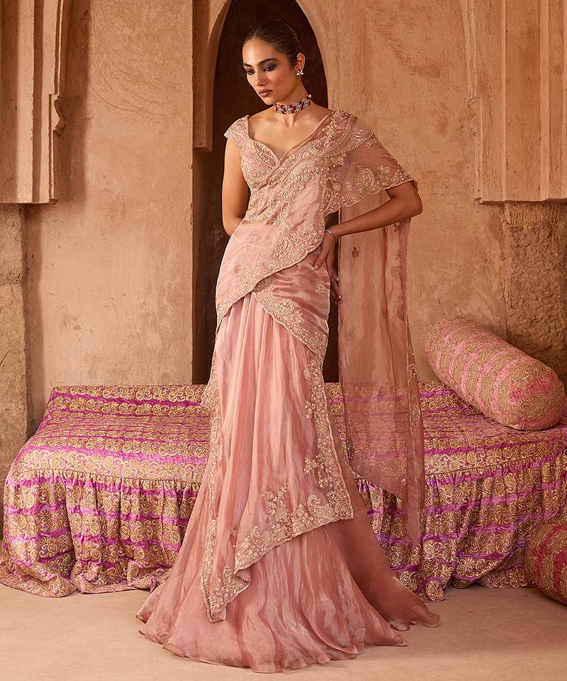 Blush rose pink embroidered tissue drape saree set