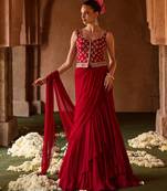 Crimson red embroidered corset cupro silk drape saree set