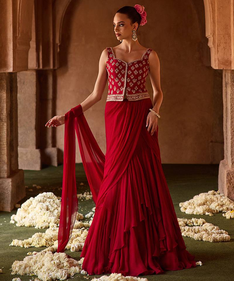 Crimson red embroidered corset cupro silk drape saree set