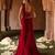 Crimson red embroidered corset cupro silk drape saree set