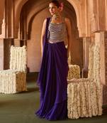 Royal purple embroidered corset cupro silk drape saree set