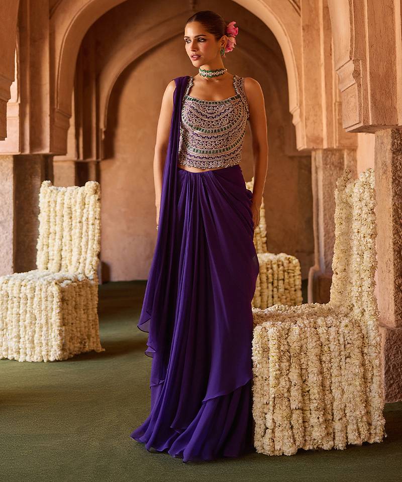 Royal purple embroidered corset cupro silk drape saree set