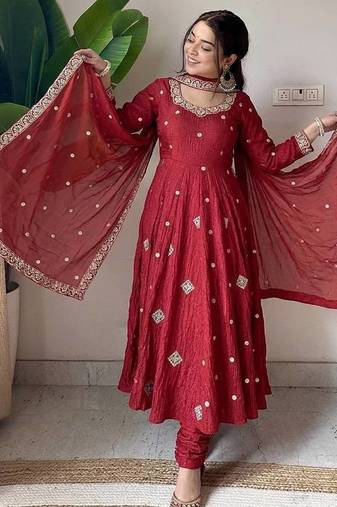 Crunchy silk with embroidered work with fully flair anarkali set