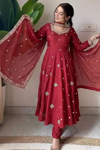Crunchy silk with embroidered work with fully flair anarkali set