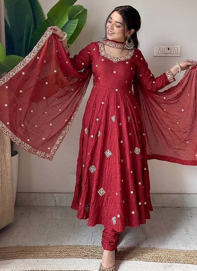 Crunchy silk with embroidered work with fully flair anarkali set