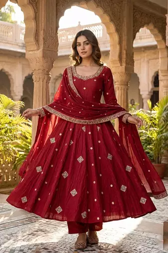 Crunchy silk with embroidered work with fully flair anarkali set