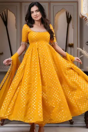 Chanderi jequard butti with mirror work with full sleeves anarkali set