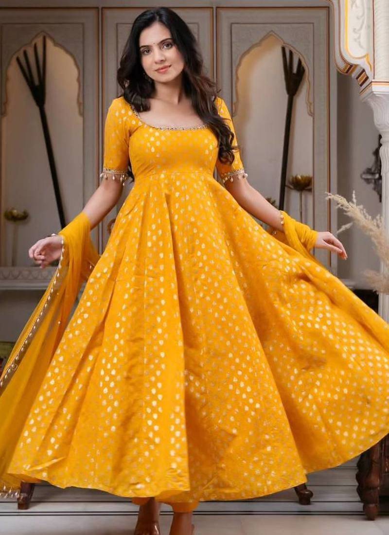 Chanderi jequard butti with mirror work with full sleeves anarkali set