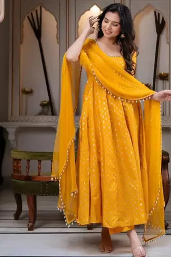 Chanderi jequard butti with mirror work with full sleeves anarkali set