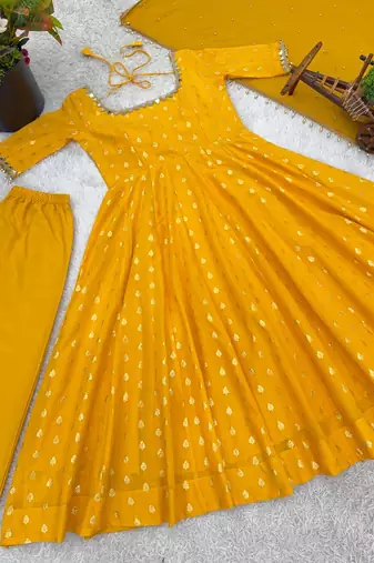 Chanderi jequard butti with mirror work with full sleeves anarkali set