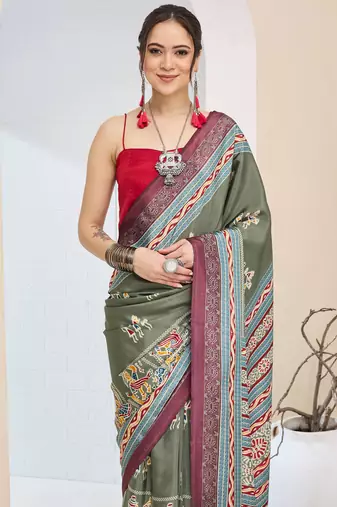 Warli print silk blend ready to wear saree