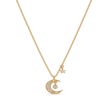 925 Sterling Silver Gold Plated Crescent Moon & Star Pendant Necklace Set  with Cubic Zircon 1