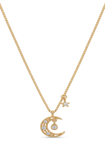 925 Sterling Silver Gold Plated Crescent Moon & Star Necklace with Cubic Zirconia