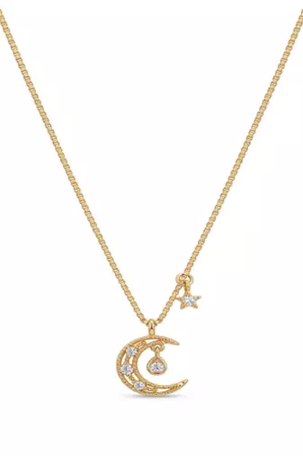 925 Sterling Silver Gold Plated Crescent Moon & Star Necklace with Cubic Zirconia