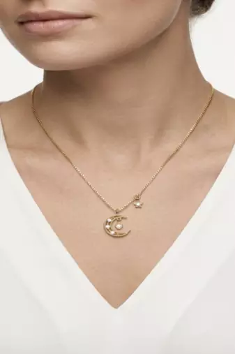 925 Sterling Silver Gold Plated Crescent Moon & Star Necklace with Cubic Zirconia
