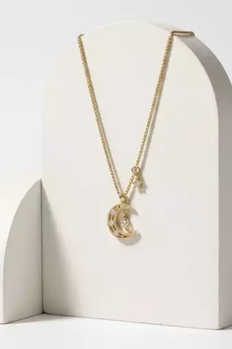 925 Sterling Silver Gold Plated Crescent Moon & Star Necklace with Cubic Zirconia